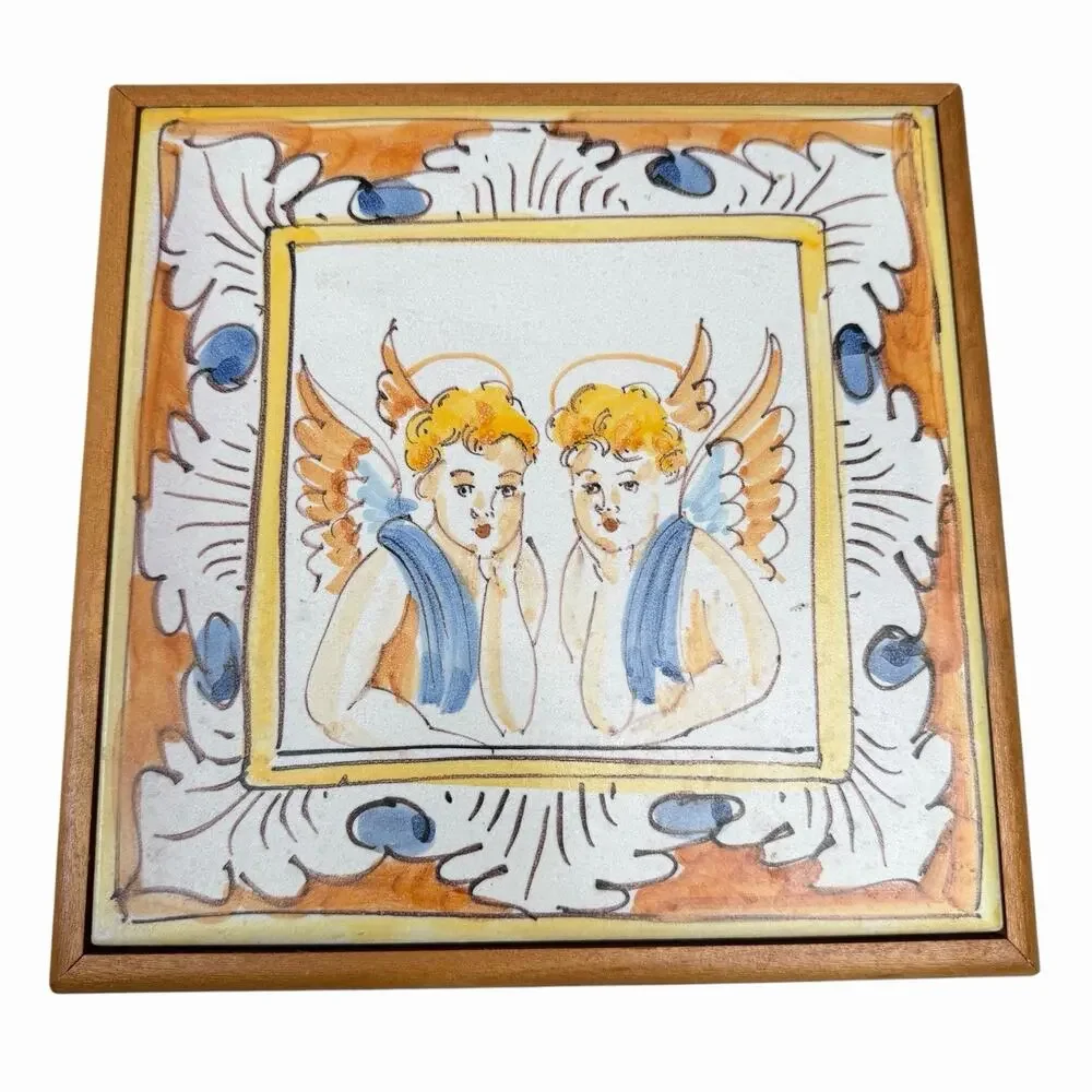 Gianfranco Ferre Vintage Framed Angels/Cherubs Tile Made In Italy Panaria Trivet